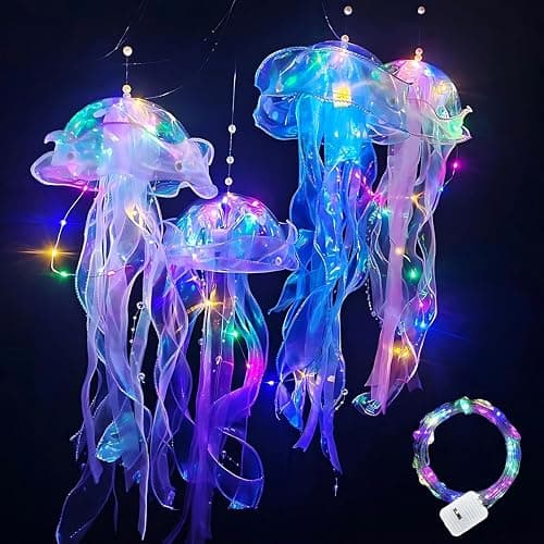 Jellyfish Decor, 4 Pcs Jellyfish Lanterns Lamp for Mermaid Theme Party, Hanging Colorful Jelly Fish Decoration Lights for Birthday Party Under The Sea Party Decoration for Women Girl Baby (4 Colors) - Image 1
