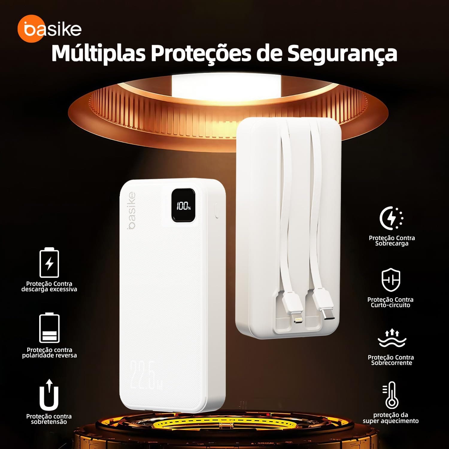 Basike Power Bank, Carregador Portátil Universal 20000mAh, USB-A(até 22.5W)+USB-C(até PD20W), com 2 Cabos Integrados (USB-C, Lightning) Carregamento Rápido, Led Indicador de Bateria (Branco) - Branco thumbnail 4