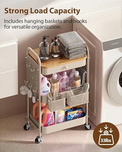 ALVOROG Rolling Cart with Drawer and Wood Table Top, 3 Tier Metal Rolling Utility Cart on Wheels with DIY Pegboards, Hanging Baskets, Hooks for Kitchen, Bedroom, Office, Craft Supplies thumbnail 8