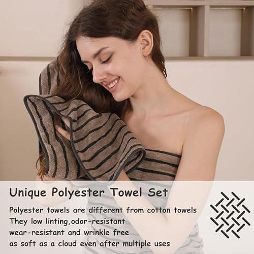 8 Pcs Polyester Brown Cabana Stripe Large Bath Towel Set-2 Bathroom Towels,2 Hand Towels,4 Washcloths Lightweight 600GMS Bath Sheet Absorbent Shower Towel Quick Dry Beach Chair Spa Gym Hotel Towels thumbnail 4