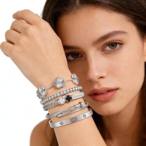 Camhanno Silver Bangle Bracelets for Women - Stainless Steel Stackable Bangles Non-Tarnish Clover Lucky Charm Bracelets, Trendy Gift for Girlfriend/Wife on Christmas Valentine’s Birthday thumbnail 4