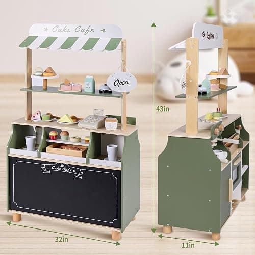 Wooden Coffee Shop Play Set, Pretend Grocery Store, Realistic Bakery Shop Sessert Stand with Toy Foods 37 PCS, Gift for Kids 3 4 5 6 Yead Old thumbnail 3