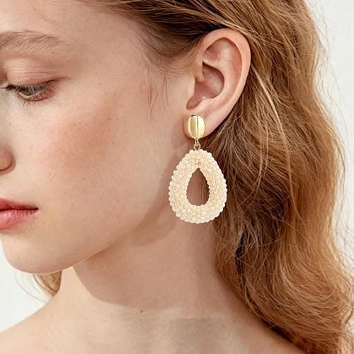 Boho Hängeohrringe für Damen, handgewebte tropfenförmige Reisperlen‑Ohrringe, leichter eleganter Modeschmuck thumbnail 4