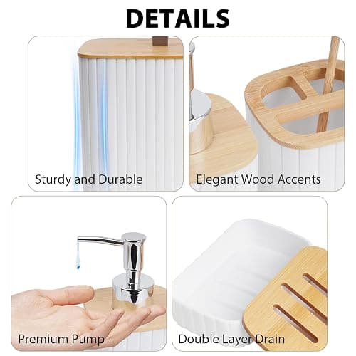 Bathroom Accessory Set - 10 Piece White Bathroom Sets Complete with Trash Can, Toothbrush Holder & Cup, Soap Dispenser, Soap Dish, Toilet Brush & Holder, Vanity Tray, Qtip Holder, Tissue Box Cover thumbnail 6