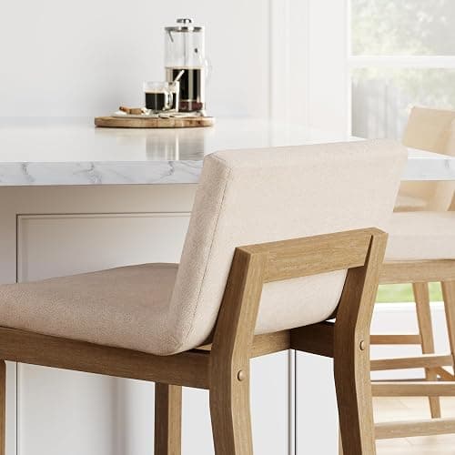 Nathan James Gracie Modern Counter Height Bar Stool with Back, Counter Stool Upholstered Chair with Natural Flax White Fabric and Brushed Wooden Legs, Natural Flax/Brown, Set of 2 thumbnail 6
