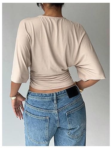 Verdusa Women's Half Sleeve Cinched Waist Tops Ruched Crew Neck T Shirts Going Out Crop Tops thumbnail 2