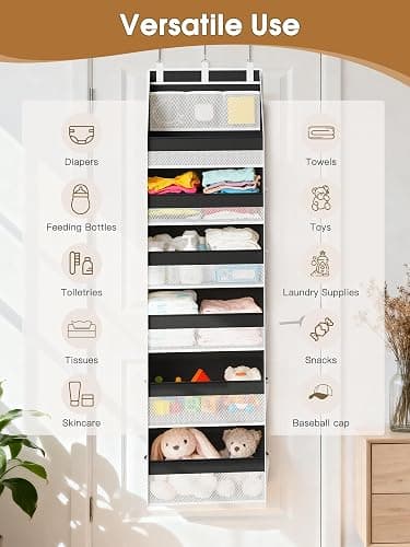 Criusia Over the Door Organizer, Heavy-Duty 6-Shelf Hanging Storage with 13 Mesh Pockets, 55lbs Capacity Behind the Door Storage for Nursery, Bathroom, Bedroom, and Dorm, Black thumbnail 9