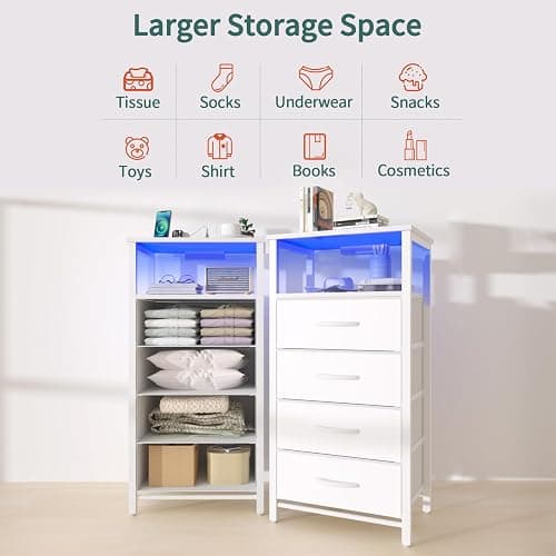 Yoobure Night Stand - LED White Nightstand with Charging Station, Bedside Table with 4 Storage Drawers and Storage Shelf, End Table with USB Ports and Outlets, Tall Dresser for Bedroom - White thumbnail 7