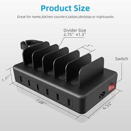 Charging Station for Multiple Devices, CREATIVE DESIGN 50W 6 Ports USB Charger Station with Apple Watch Holder & 6 Cables, Charging Dock for iPad Cellphone Kindle Tablet and Other Electronic (Black) thumbnail 3