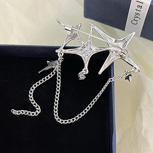 Punk Silver Star Moon Tassel Chain Brooch Collar Pins,Vintage Safety Cubic Zirconia Crystal Chain Tassel Brooch,Brooch Pins Shawl Clips for Women Girls thumbnail 6