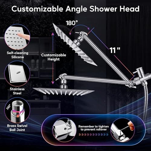 LED Shower Head with High Pressure 10'' Rain Shower Head, 11'' Adjustable Extension Arm, Color Changing Based On Water Temperature, Stainless Steel, 60'' Hose, Chrome - Chrome thumbnail 5
