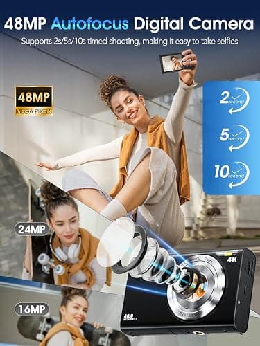 Digital Camera,4K Autofocus Point and Shoot Digital Camera with 32GB Card,48MP Portable Compact Camera Photography for Teens Adult Beginner with 16X Zoom,Anti-Shake,2 Batteries(Black) thumbnail 2