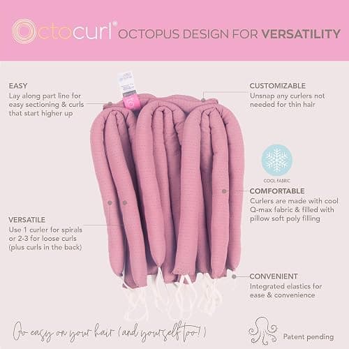 Octocurl No Headband Heatless Hair Curler – Soft Octopus Curling Wrap for Overnight Curls, Spiral, Loose, Beach Waves, Damage-Free Styling for Medium Length Hair (QMax - Mauve) thumbnail 3