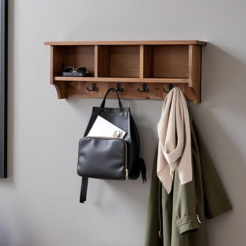 Renew Solid Wood Wall Mounted Coat Hook, Storage, 3 Cubbies, 4 Double Hooks, Natural Brown Finish, Easy Installation, French Cleat, Ideal for Entryway Organization, 36 in. W x 9 in. D x 14 in. H thumbnail 5