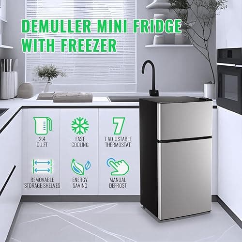 DEMULLER Mini Fridge with Freezer, 2.4 Cu.Ft Personal Refrigerator Only for One Person Use, Silver Tiny Small Size Refrigerator with 7 Level Adjustable Temperature and Double Door thumbnail 7