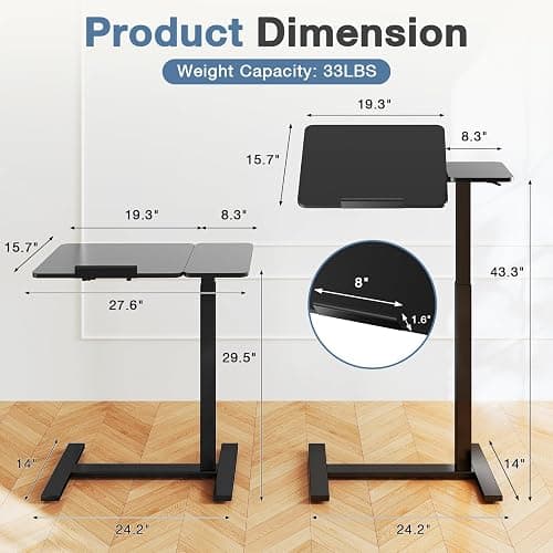 DUMOS Overbed Bedside Table Adjustable with Wheels, Mobile Standing Stand Up Rolling Laptop PC Desks with Tilting Top Height Tray Side Computer Workstation for Bedroom on Hospital Home Use, Black thumbnail 7