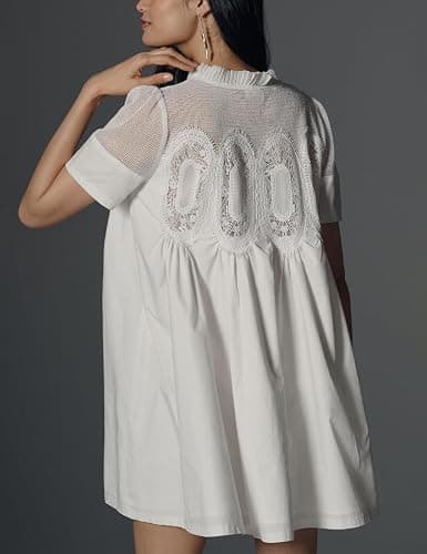 Shiyifa Womens Babydoll Lace Patchwork Dresses Summer Short Sleeve Ruffle Sundress Loose Crew Neck A-Line Dresses thumbnail 2
