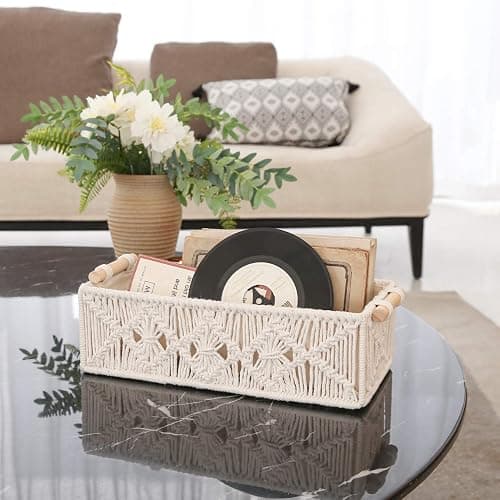 Mkono Macrame Storage Baskets Boho Decor Box Handmade Woven Decorative Countertop Toilet Tank Shelf Cabinet Organizer for Bedroom Livingroom Home, Set of 2, Ivory thumbnail 4