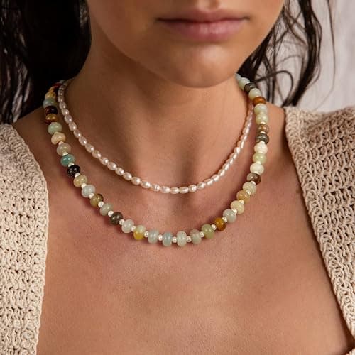 KissYan Beaded Gemstone Necklace for Women, Colorful Boho Bead Choker Natural Stone Surfer Beach Necklaces 14K Gold Plated Summer Handmade Jewelry thumbnail 3