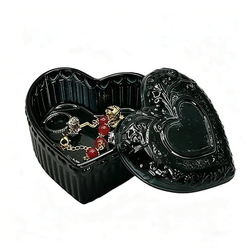 WHSLILR Black Glass Jewelry Box - Heart Shape Cute Box for Storage Ring Earring Trinket Vintage Jewelry Organizer Decorative Gift for Women Girls- 3.66 x 3.54 x 2.26 IN - GRB003-Black thumbnail 4