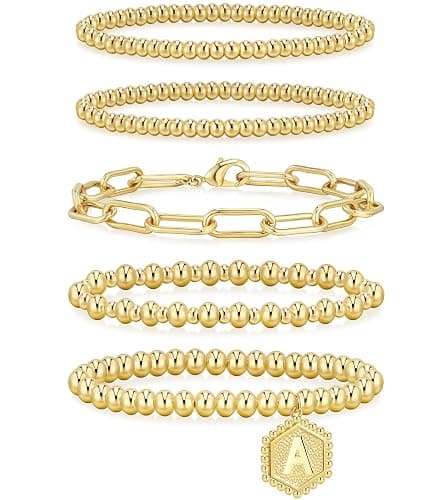 adoyi Gold Bracelets for Women Waterproof, 14K Gold Plated Beaded Strand Bead Ball Bracelets stack Adjustable Jewelry Set for Gifts - Image 1