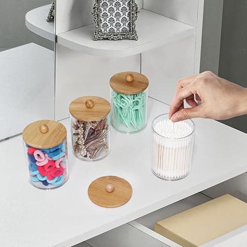 Tbestmax 4 Pack Qtip Holder, 10-Ounce Bathroom Organizer Accessories Storage Containers Clear Plastic Apothecary Jars with Bamboo Lids for Cotton Ball, Cotton Swab, Floss thumbnail 2