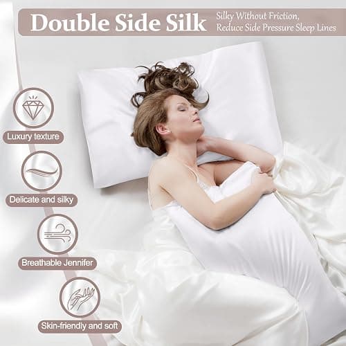 100% Pure Silk Pillowcase for Hair and Skin, Both Sides Mulberry Silk Pillowcases with Hidden Zipper, Cooling Pillowcase 19 Momme, 600 Thread Silk Pillow Cases Standard Size, 2PCS, White thumbnail 3