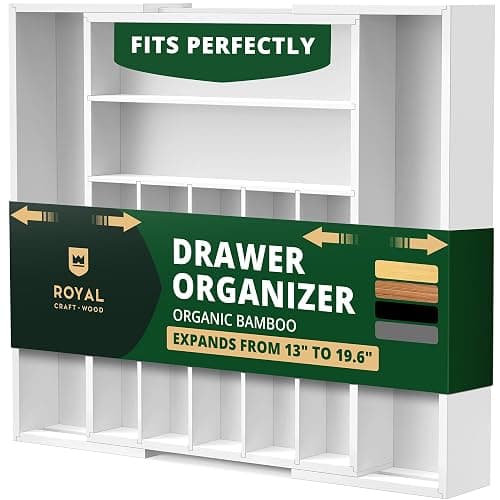 ROYAL CRAFT WOOD Luxury Bamboo Kitchen Drawer Organizer - Silverware Organizer - Utensil Holder and Cutlery Tray with Grooved Drawer Dividers for Flatware and Kitchen Utensils (9 Slot, White) - Image 1
