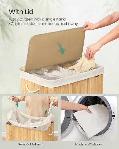 SONGMICS Laundry Basket with Lid, 150 L Bamboo, 3 Compartments | Laundry Hamper, Foldable, Removable and Machine Washable Liner Bag, for Laundry Room, Natural, RONEX Collection LCB091N01 thumbnail 4