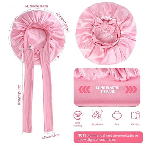 Silk Double Layer Satin Hair Bonnet with Elastic Tie Band for Curly Hair - Adjustable, Pink thumbnail 2