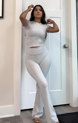 YETOWA Women's 2 Piece Lounge Outfits Slim Short Sleeve Tops Low Rise Flare Leggings Sets Yoga Sweatsuit thumbnail 8