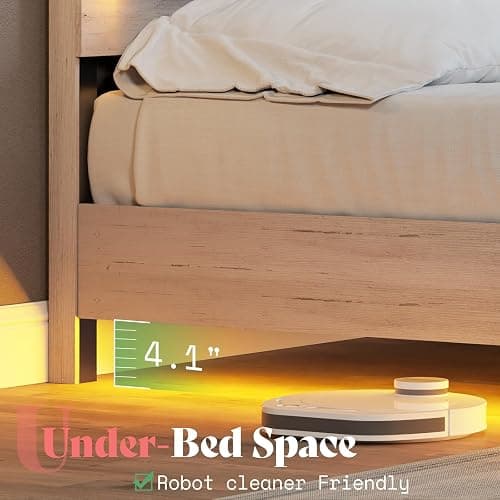 AMERLIFE Full Bed Frame, Farmhouse Floating Bed Frame with Recline Headboard, Platform Bed with LED Light, No Box Spring Needed/Noise Free, Distressed White thumbnail 4