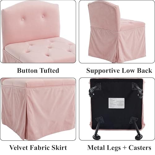 DM Furniture Pink Velvet Makeup Vanity Chair with Back & Wheels | Upholstered Skirted Vanity Stool, Metal Legs, Armless, Swivel Slipper Accent Chair, Rolling Desk Chair, Living Room, Bedroom thumbnail 3