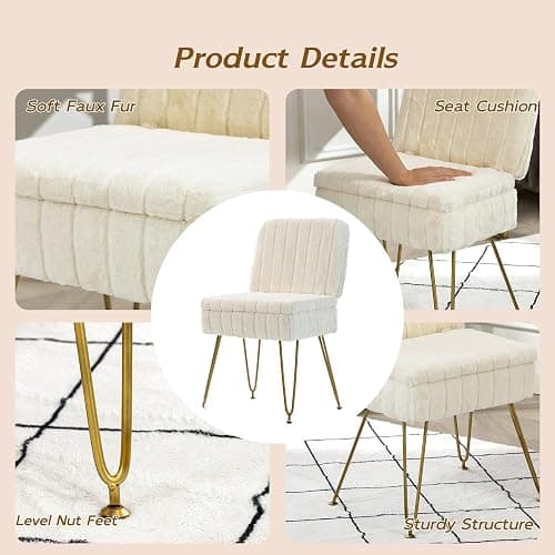 Manyday Vanity Chair with Storage, Comfy Ottoman with Folding Back, Faux Fur Vanity Stool with 4 Metal Legs for Make Up, Furry Padded Seat with Anti-Slip Feet for Bedroom Dressing Room thumbnail 5