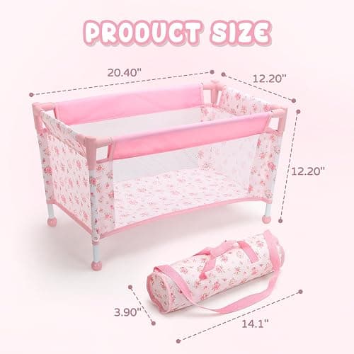 Baby Doll Crib for 12-18 Inch Dolls, Chyyeerkidd Pack and Play Pink Floral Baby Doll Bed with Carry Bag, Travel-Friendly Reborn Baby Doll Accessories for Girls Ages 3+, Easy Assembly (White) thumbnail 3