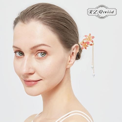KZQtriid Hair Accessories，14k Gold Plated Copper，Vintage Handcrafted，7.28" Hair Chopsticks For Women，Colour Enamels Pearl Lilies Tassels Hair Stick，Hair Clip thumbnail 3