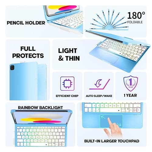 NOKBABO for iPad 10th 11th (A16) Generation Case with Keyboard, iPad Air 11 inch case (M4/M3/M2), Keyboard for iPad Pro 11 (4th/3rd/2nd/1st) & iPad Air 5/4, Trackpad, 360° Swivel, Backlit - Sky Blue thumbnail 4