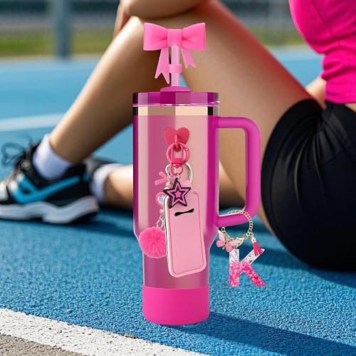 AIERSA 9PCS Cup Accessories Set for Stanley Cup 30oz 40oz Tumbler with Handle, Including Bow Straw Topper Cover Cap and Boot, Spill Proof Stopper, Initials Letter Charms for Handle, Pink Keychain (K) thumbnail 2