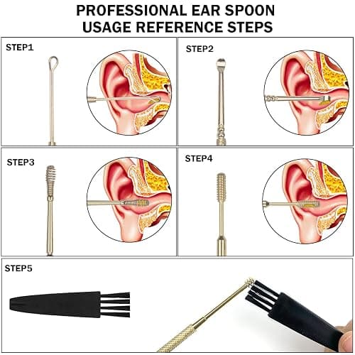 Hion 6 Pcs Extended Ear Wax Removal Kit,Professional Double-Headed Ear Pick Earwax Removal Tools,316L Stainless Steel Ear Cleaner Curette with Cleaning Brush and Storage Box,Suit for Kid Adult(Gold) thumbnail 4