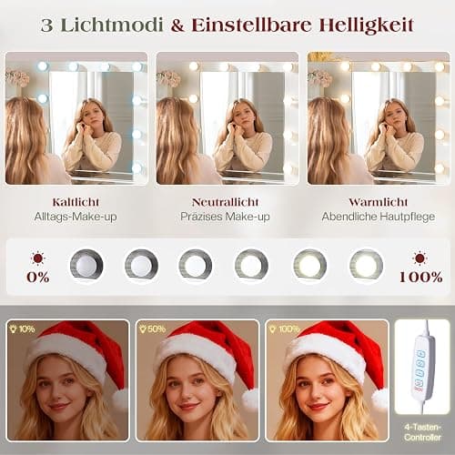 LUXOAK Schminktisch mit Spiegel & 10 LED-Lampen, Großer Frisiertisch mit Glasplatte & Steckdose, 7 Schubladen & Föhnhalterung, Moderner Kosmetiktisch für Schlafzimmer (Weiß, 120 x 39.8 x 136.4 cm) thumbnail 4