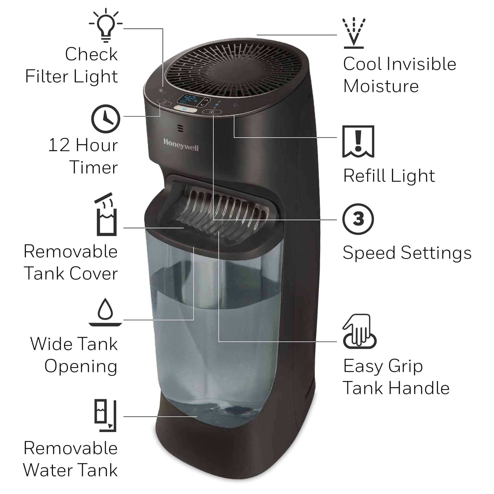 Honeywell Umidificador de torre de preenchimento superior, umidistador digital, preto - umidificador de névoa fresca para quarto, casa ou escritório com design de torre de economia de espaço thumbnail 7
