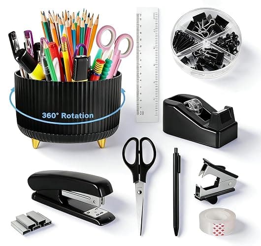 Gawsey Black Desk Organizers and Accessories Set with 360-Degree Rotating Pen Holder, Tape Dispenser, Stapler, Staple Remover, 1000 Staples, Tape, Clips Set, Ruler, Scissor, Pen - Image 1