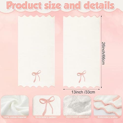 Fanfanwin 2 Pcs White Bow Scalloped Hand Towels for Bathroom 26 x 13 Inch | Soft Embroidery Farmhouse Bath Towels 100% Cotton Absorbent Boho Coquette Bath Decor for Kitchen Bathroom thumbnail 3