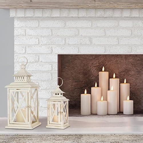 Lanterns Decorative Outdoor&Indoor, Set of 2 (14"&10") Beige Metal Lantern Decor with Glass, Candle Holder for Porch, Patio, Garden, Balcony, Wedding, Table Centerpiece thumbnail 7