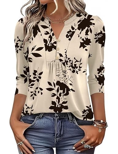 IECCP 3/4 Length Sleeve Womens Tops Dressy Casual Henley V-Neck Summer Tops Pleated T-Shirts Loose Fit Work Blouses thumbnail 2