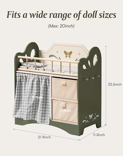 ROBUD Baby Dolls Cot, Wooden Doll Bed Toy with Wardrobe, Bedding, Storage & Hooks, Doll Crib Fits Dolls up to 22", Doll Accessories for Kids Age 3+ (Green) thumbnail 3