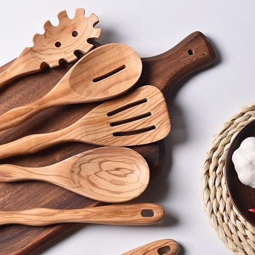 Olive Wooden Utensils for Cooking, Long Handle Wooden Spoons for Cooking, 6 PCES Crafting Wooden Spoon Set, Wooden Kitchen Utensil set, Natural Olive Wood utensil Set thumbnail 4