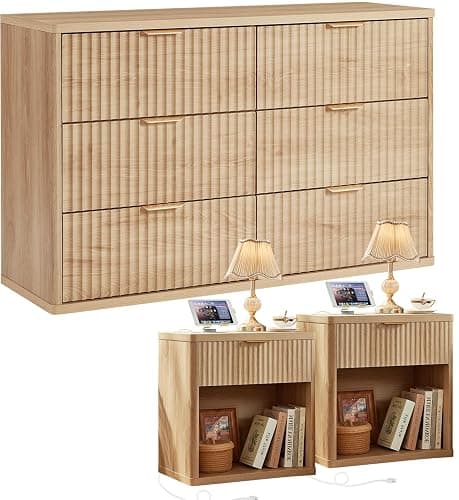 LEYAOYAO 48" Wide Fluted Dresser and 1 Drawers 23" Nightstand Set of 2, Wooden Dresser & Night Stand with Charging Station, 3 Piece Bedroom Furniture Set, Chest of Drawer for Living Room,Natural Wood - Image 1