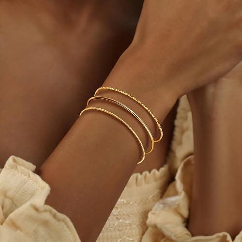 GoldGifts Stocking Stuffers for Teen Girls Dainty Thin Gold Cuff Bangle Bracelet for Women Trendy,Waterproof 14K Gold Pated Bracelet Stack Small Cute Rope, Geometric & Smooth Bracelet Bangles for Women, Stackable Minimalist Simple Gold Jewelry Bracelet Set thumbnail 2