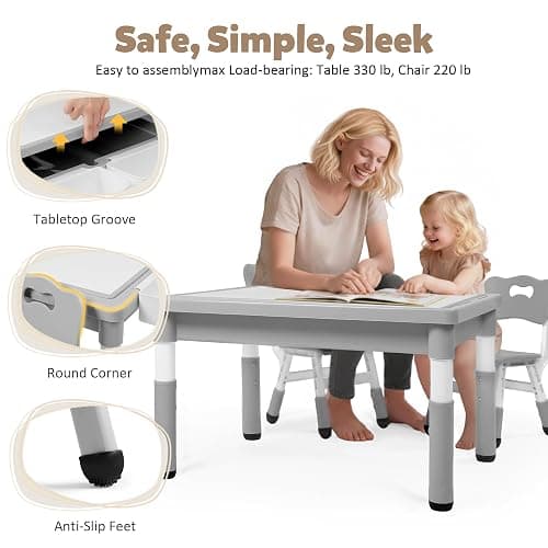 TODEFULL Kids Table and Chairs Set Large Storage, Height Adjustable | Toddler Activity Table and 2 Chairs Set, 34.6x24.8" Graffiti/Block Building Desktop, 4 Side Box, Kids desk for Home Preschool thumbnail 5